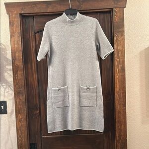 Gray Mock Neck Dress with Pockets